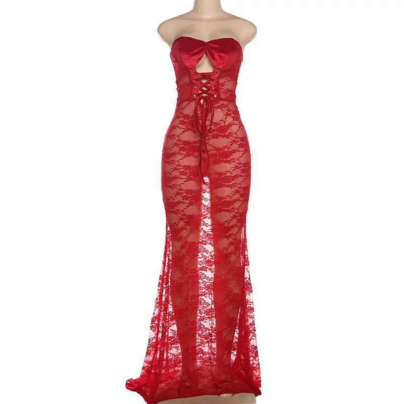 Chic Womens Lace Sheer Bodycon Dress Strapless Cutout Design Elegant Fit Perfect for Winter Part