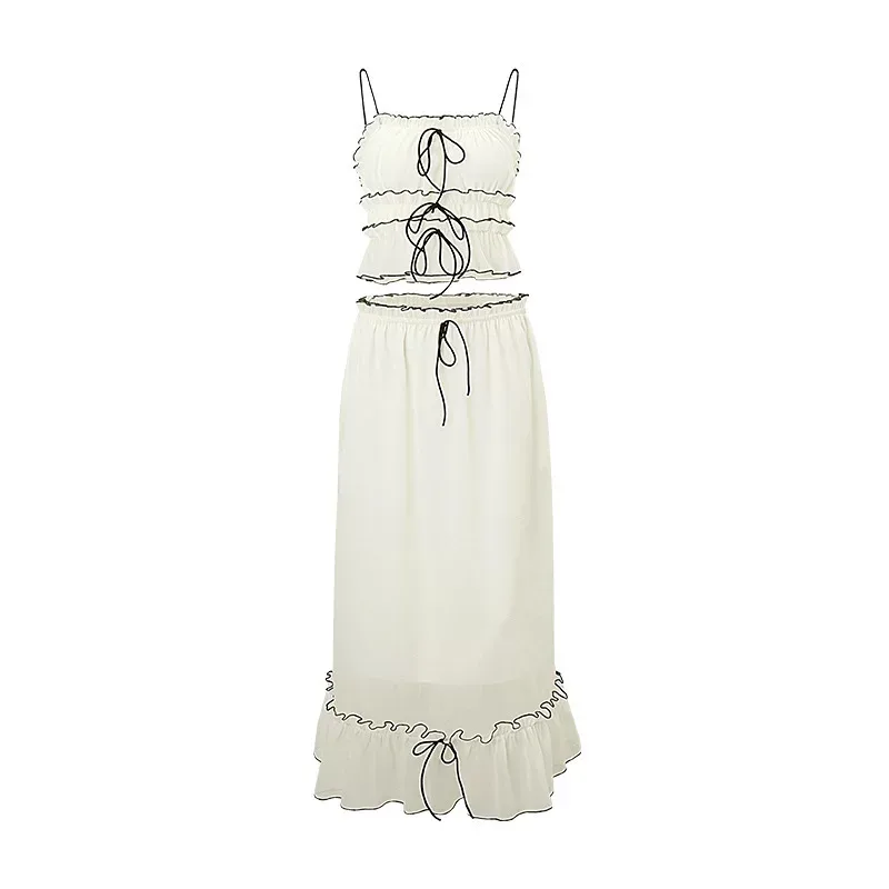 Womens Summer Fashion Set Stylish French Inspired Sleeveless Top Elegant Maxi Skirt Perfect for