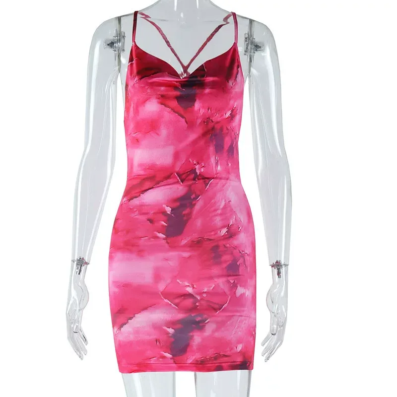 Fashionable Womens Sleeveless Cross Back Bodycon Dress Elegant Print Sexy Neckline Chic Style Pe