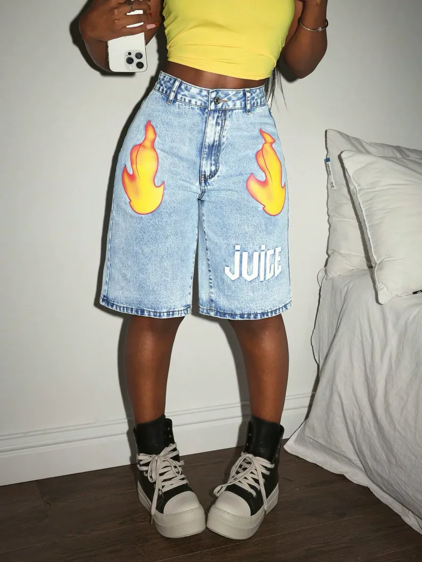 Fashionable Womens Denim Shorts Flame Print Letter Design Casual Style Available for Wholesale