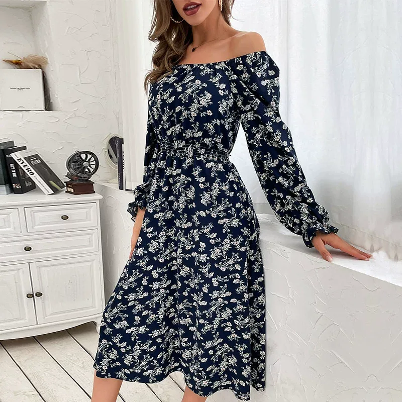 Blue Floral Off Shoulder Dress Long Sleeve Stylish Autumn Fashion Wholesale Available private la