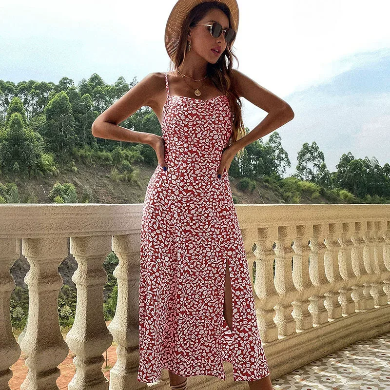 Elegant Floral Print Slip Dress Slim Fit Spaghetti Straps Side Slit Summer Occasion Wholesale Av