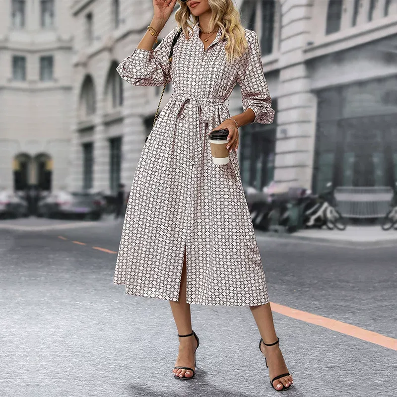 Long Sleeve Printed Shirt Dress Elegant Design Comfortable Fabric Autumn Collection Wholesale Av
