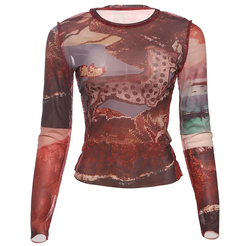 Fashionable Womens Long Sleeve T Shirt Black Mesh Floral Print Round Neck Spring Summer Style Wh