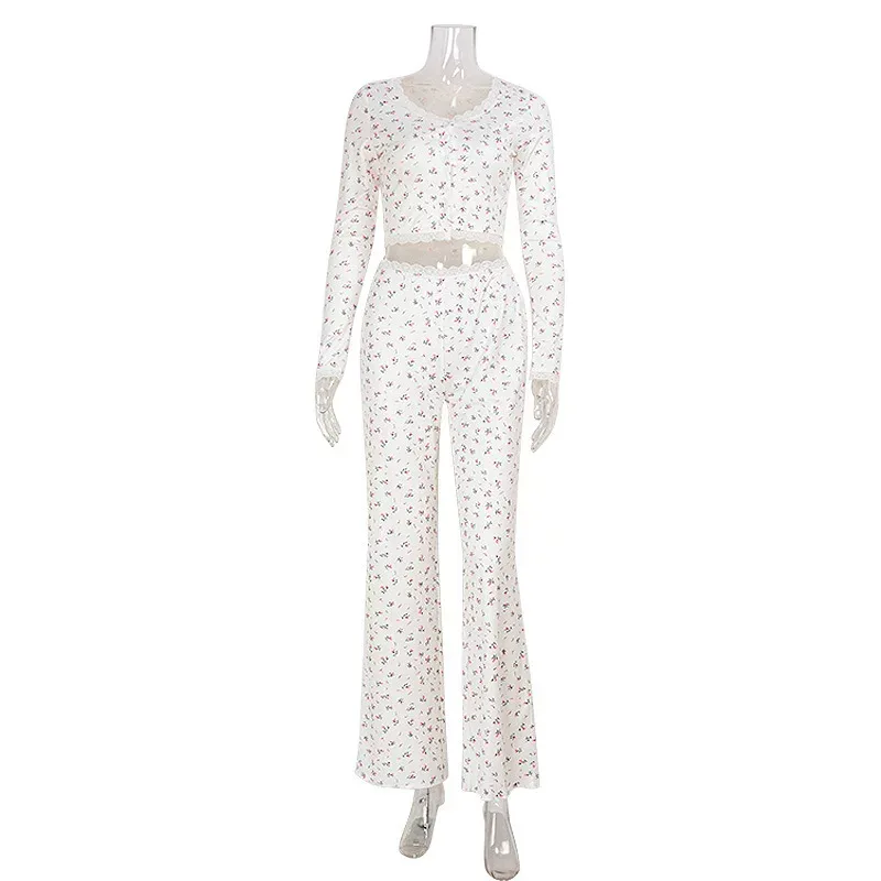 Floral Print Two Piece Set Lace Trim Long Sleeve Comfortable Fabric Casual Wear for Young Women