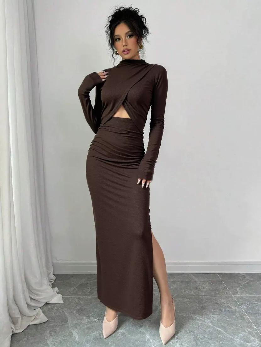 Elegant Long Sleeve Bodycon Dress Sexy Side Slit Waist Cutout Mid Length Spring Summer Fashion W