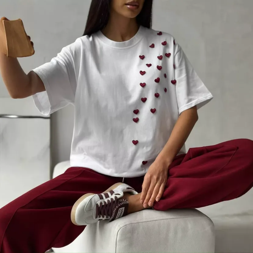 Womens Casual 3D Heart Print T Shirt Short Sleeve Round Neck Stylish Design Spring Summer Fashio