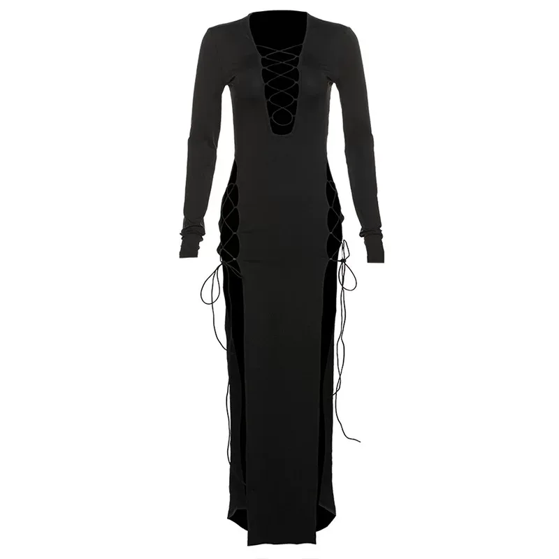 Elegant Long Sleeve Maxi Dress Deep V Neck High Slit Solid Color Slim Fit Spring Summer Fashion