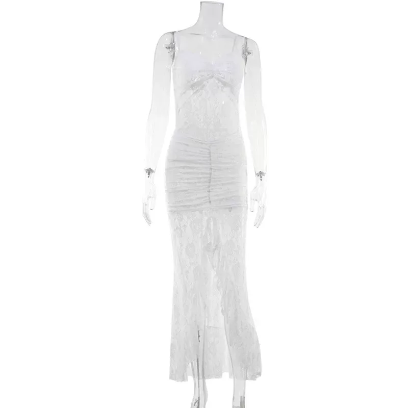 Lace Backless Maxi Dress Solid Color Sexy Spaghetti Straps High Slit Elegant Gown Perfect for Ev
