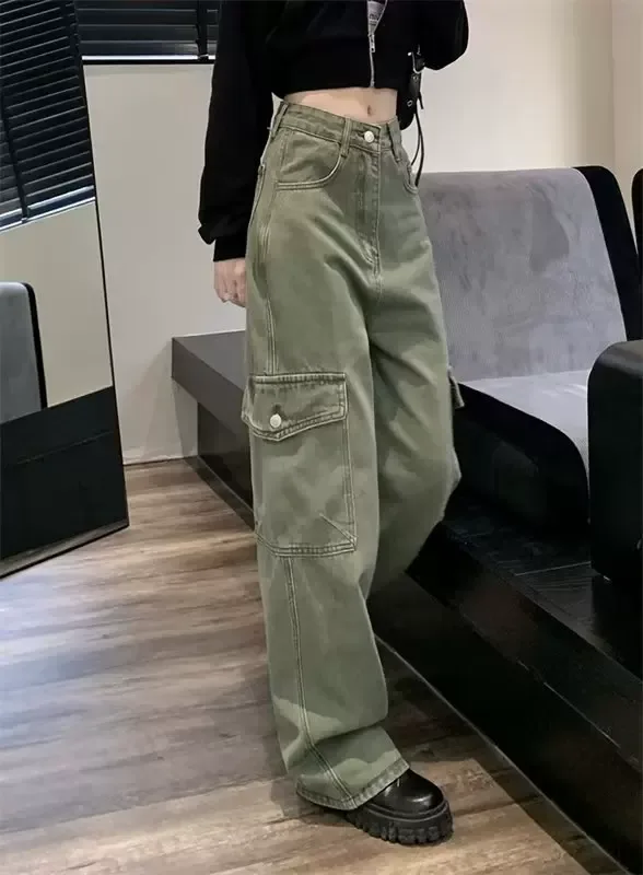 工装阔腿牛仔裤女2023春秋新款高腰大码胖MM宽松显瘦百搭直长裤
