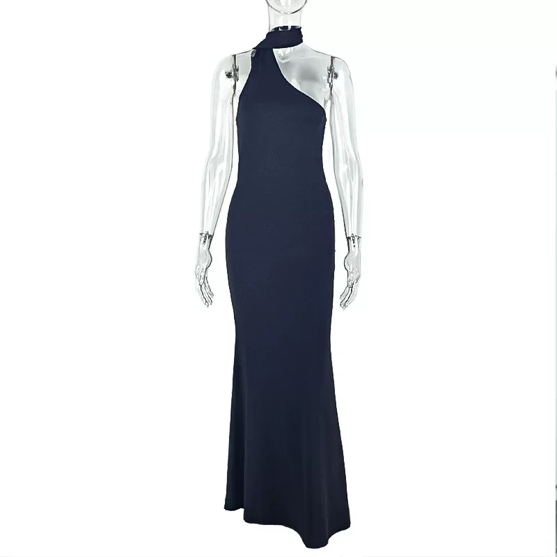 Elegant Solid Color Long Asymmetrical Bodycon Dress with Ruffles Backless Slim Fit Perfect for E