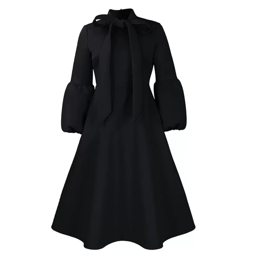 Fashionable High Waisted Lantern Sleeve Dress Plus Size Bow Tie Flared Skirt Spring Summer Occas