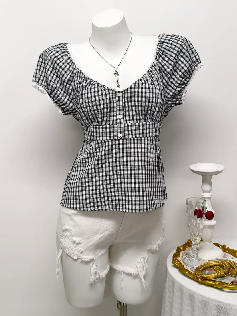 Plaid Short Sleeve T Shirt for Women Casual Summer Style Comfortable Cotton Fabric Wholesale Ava