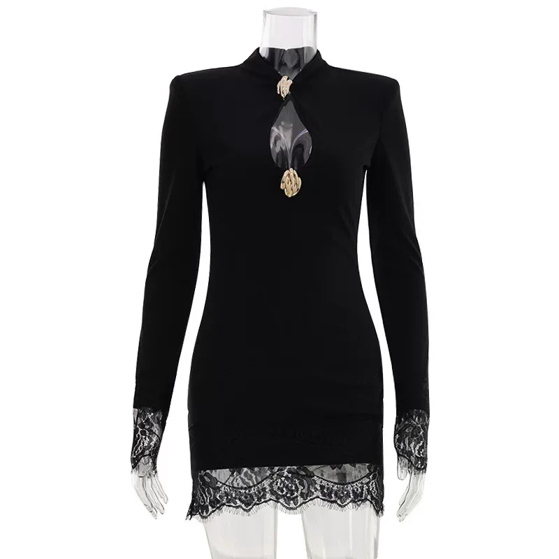 Fashionable Bodycon Dress Qipao Collar Hollow Chest Design Solid Color Slim Fit Evening Wear Par