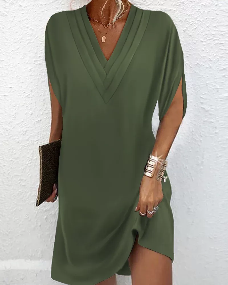 Womens Spring Summer V Neck Batwing Sleeve Dress Pleated Design Elegant Style Perfect for Casual