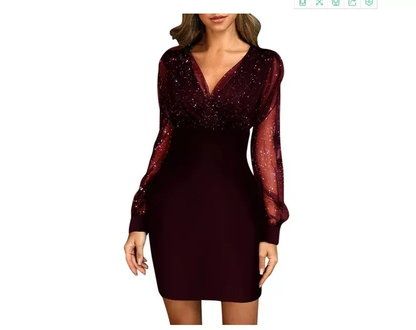 V Neck Sequin Dress Sheer Mesh Slim Fit Elegant Style Perfect for Parties and Special Occasions