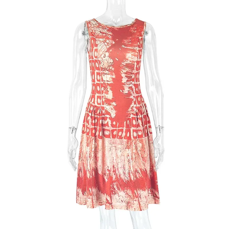 Fashion Womens A Line Dress Sleeveless Color Block Fitted Pleated Round Neck Casual or Party Wea