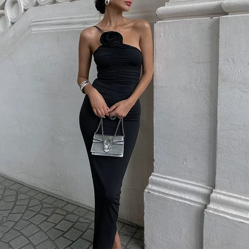 One Shoulder Floral Pleated Bodycon Dress Sexy Elegant Waist Defined Perfect for Parties and Eve