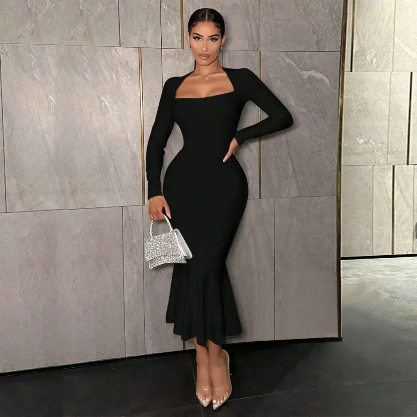 Elegant Square Neck High Waist Bodycon Dress Chic Design Spring Summer Style Wholesale Availabil