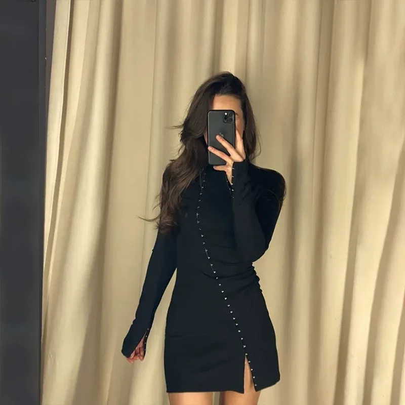 Elegant Womens Dress Slim Fit Long Sleeve Solid Color Hidden Button Design Perfect for Parties a
