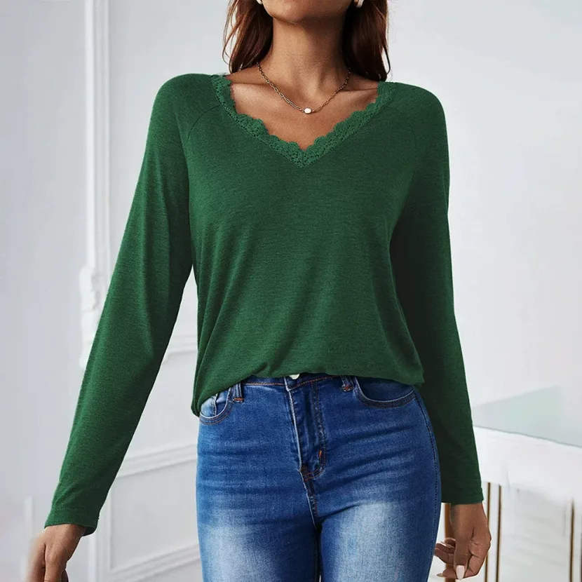 Womens Casual V Neck T Shirt Loose Fit Long Sleeve Lace Patchwork Fashionable Top for Spring Fal