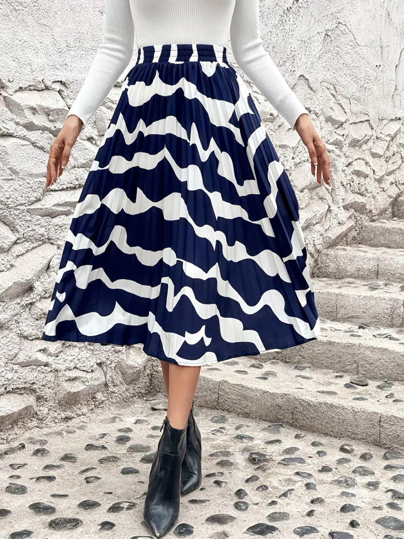 Plus Size Womens Elegant Pleated Floral Midi Skirt Slimming Fit Comfortable Fabric Versatile Sty
