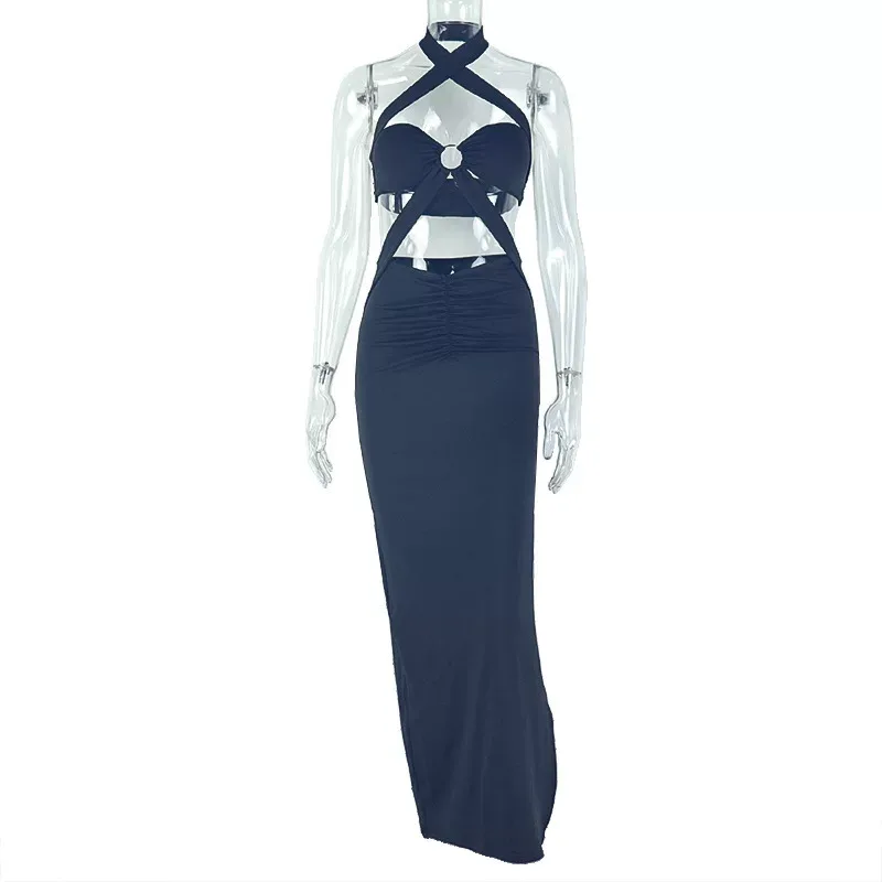 Fashionable Solid Color Bodycon Dress Sexy Ruched Design Halter Neck Backless Perfect for Partie