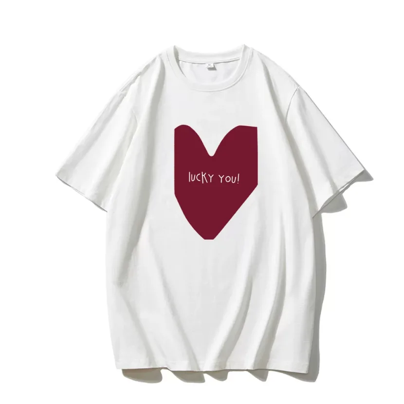 Womens Summer Heart Print T Shirt Casual Loose Fit Round Neck Short Sleeve 100 Cotton Versatile