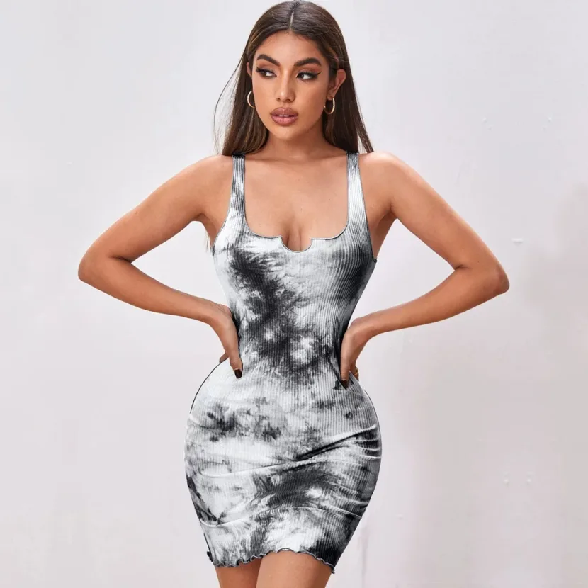 Tie Dye Print Bodycon Mini Dress with Sleeveless Design Slim Fit Sexy Style for Spring Summer Wh
