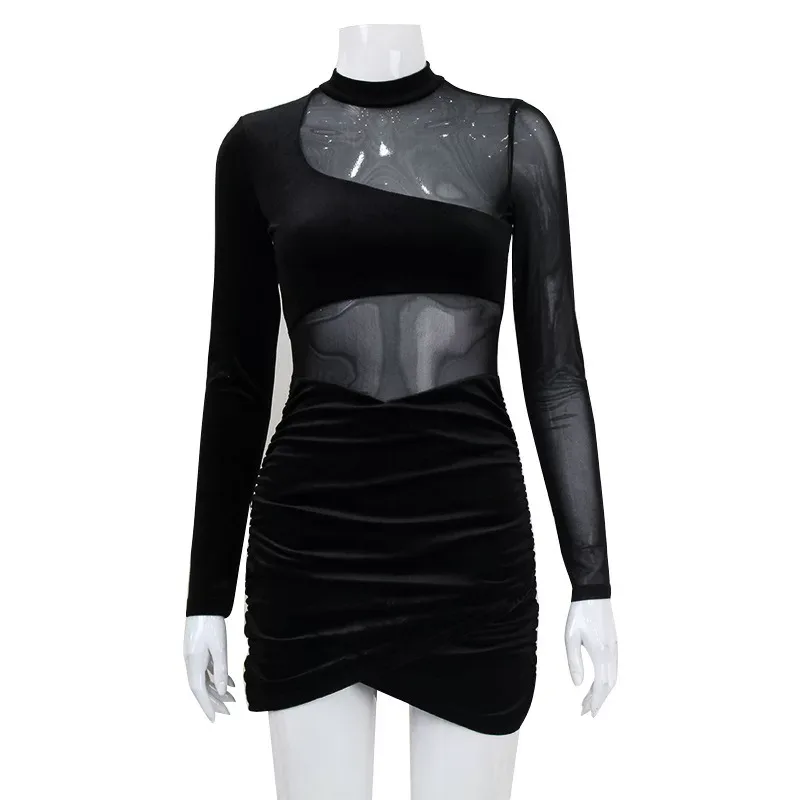 Womens Velvet Bodycon Dress Sheer Mesh Panel Ruched Design Long Sleeve Autumn Fashion for Partie