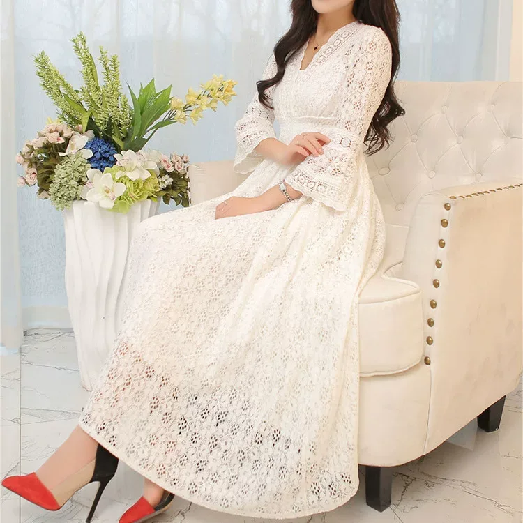 Lace Dress for Women V Neck Slim Fit Mid Length Elegant White Perfect for Parties and Special Occasions