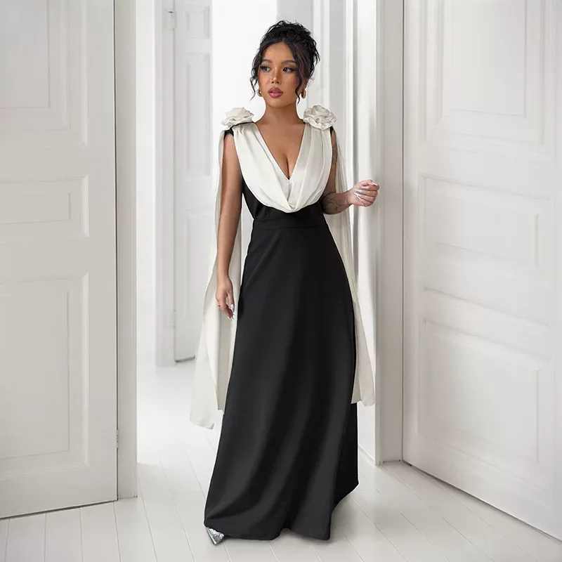 Elegant V Neck Color Block Sleeveless Dress High End Design Perfect for Evening Parties and Wedd