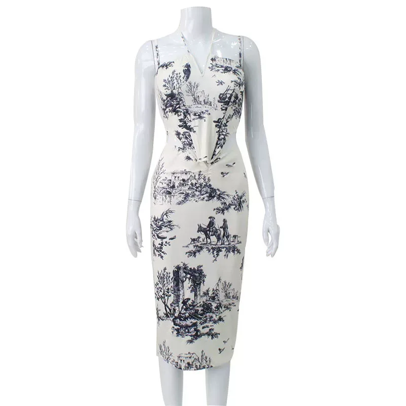 Womens Vintage Floral Print Two Piece Set Halter Neck Top Midi Skirt Stylish Sexy Outfit for Sum