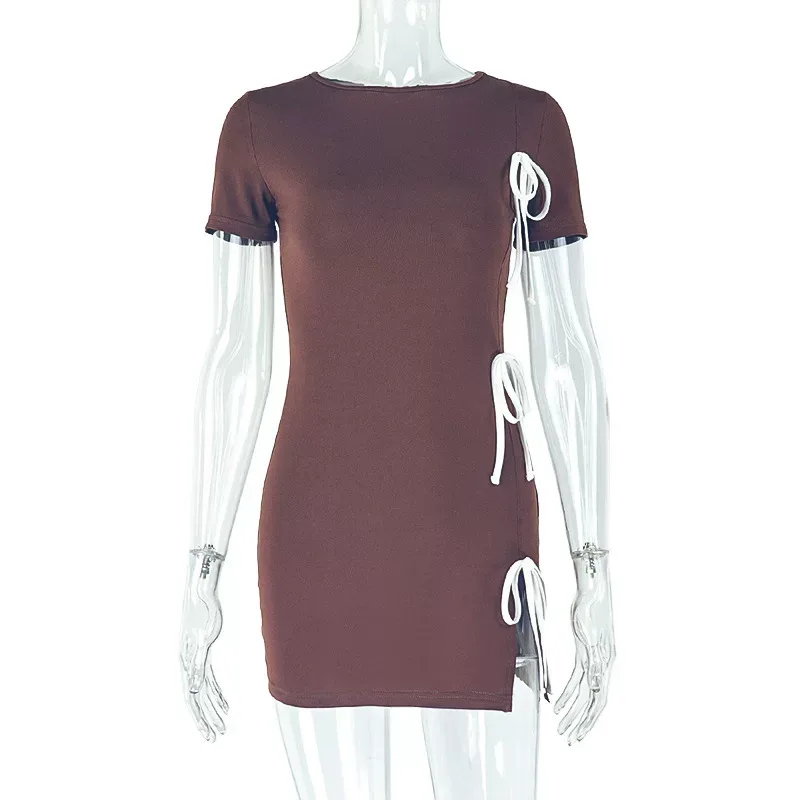 Fashionable Womens Bodycon Dress Ruffled Design Tie Waist High Neck Short Length Split Hem Perfe