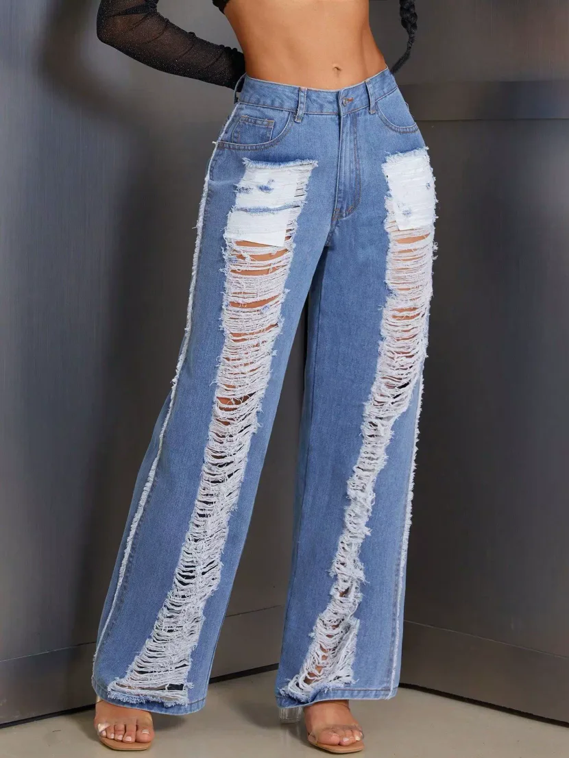 Womens Distressed Straight Leg Jeans Loose Fit Casual Style Trendy Design Perfect for Everyday W