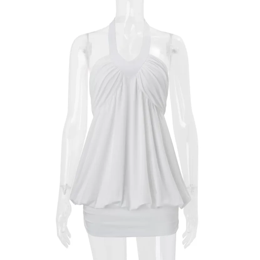 Summer Womens Dress Elegant Halter Neck Loose Fit Solid Color Available in White and Green Wholesale Ready to Ship