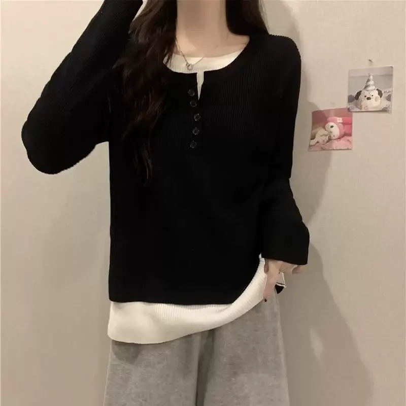 Gray Knit Two Piece Style Top for Women Loose Fit Long Sleeve Casual Layering Shirt Fall Winter Collection Wholesale