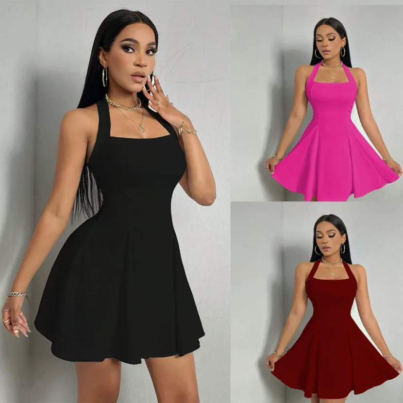 Y2K Style Womens A Line Mini Dress Sexy Halter Neck Backless Waist Cinching Flared Skirt Perfect