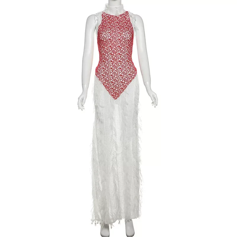Summer Womens Dress Sleeveless Backless Fringe Sheer Color Block Trendy Style for Parties and Ev