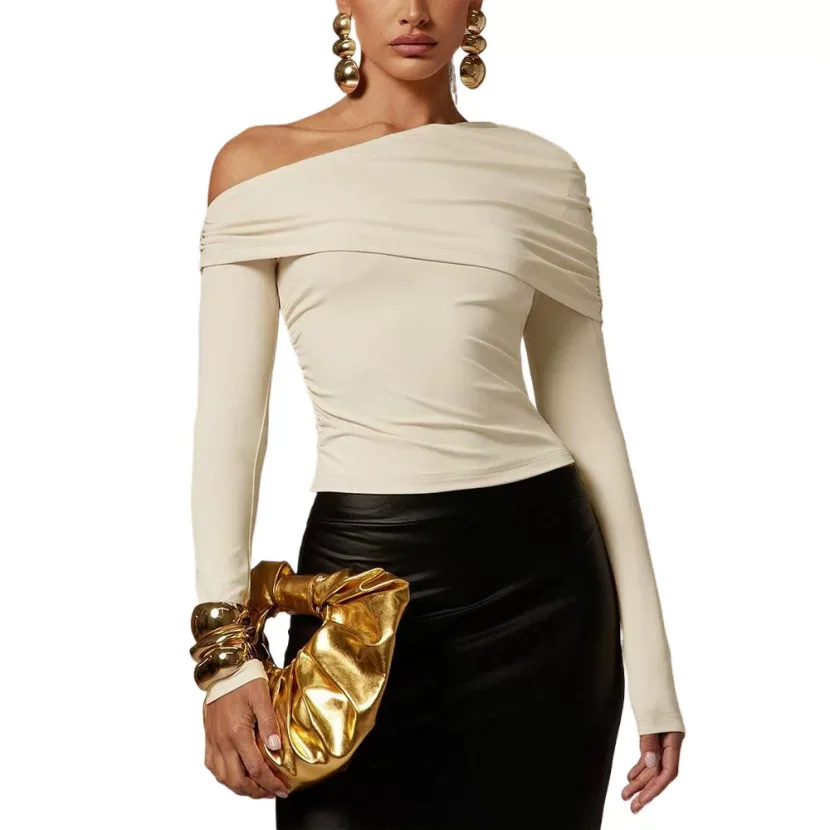 Asymmetrical One Shoulder Long Sleeve T Shirt for Women Slim Fit Ruffled Design Elegant Style Pe