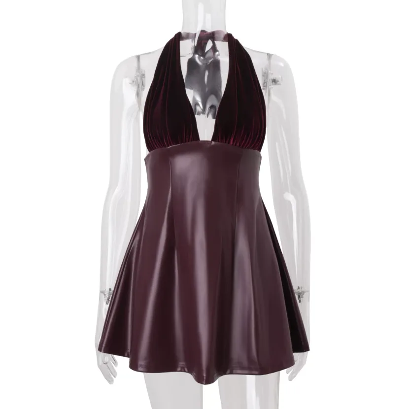 Sexy V Neck Backless PU Leather Spliced Dress Elegant Silhouette Autumn Fashion Perfect for Part