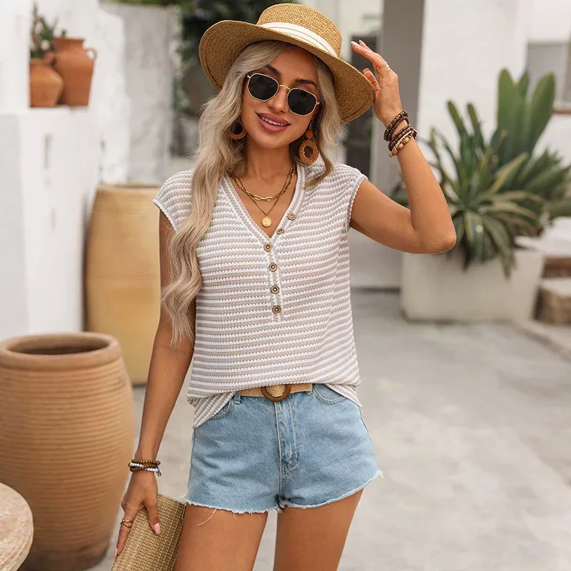 Vintage Striped Knit Top V Neck Flutter Sleeves Soft Fabric Casual Wear for Women Wholesale Avai