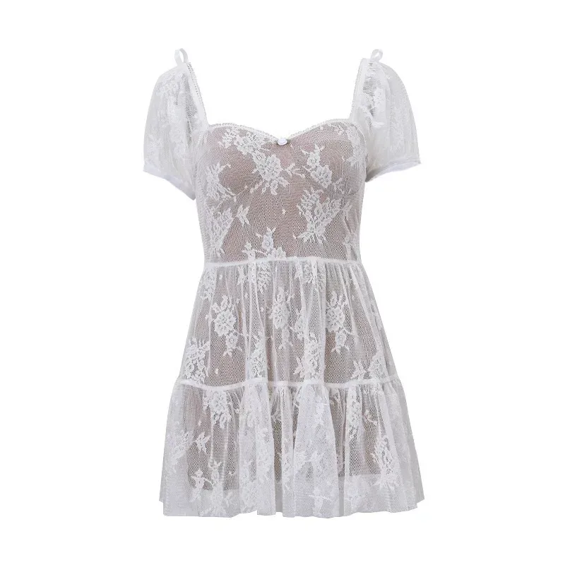 Sweetheart Neckline Short Sleeve Dress Mesh Fabric Waist Defined Puff Sleeves Winter Fashion for
