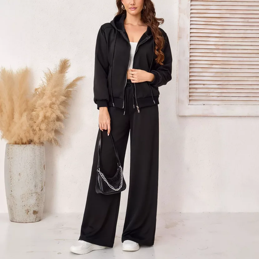 Womens Black Casual Tracksuit Slim Fit Fleece Lined Hooded Double Zipper Long Pants Autumn Winte