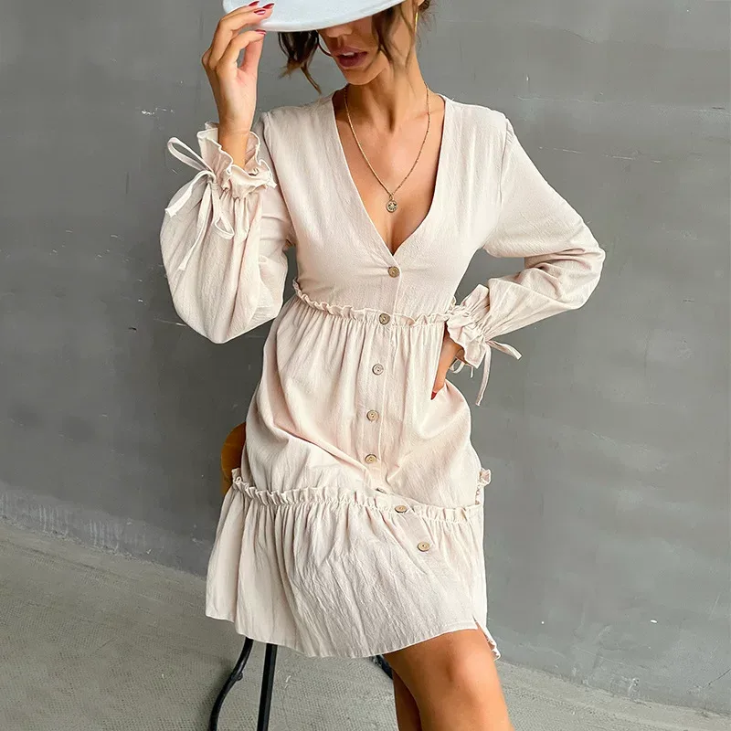 Slim Fit Cardigan Dress Ruffle Trim Long Sleeve Solid Color Casual Wear Suitable for Spring and