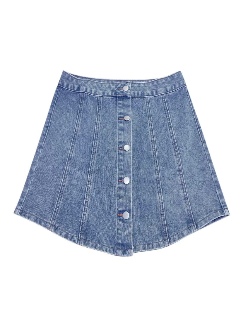 Womens Denim A Line Skirt Single Breasted Waist Defining Decorative Details Casual Wear Spring S