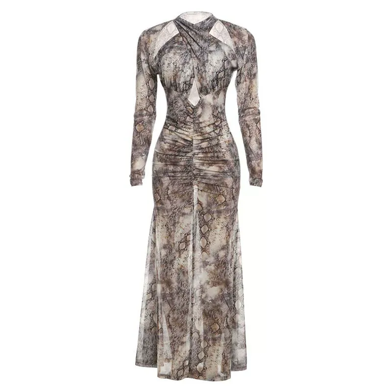 Fashionable Womens Hollow Out Halter Neck Snake Print Sexy Dress Autumn Collection Wholesale Ava