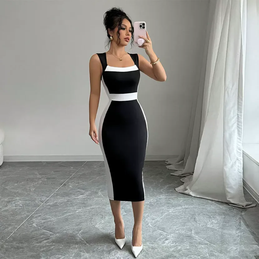 Summer Womens Long Color Block Dress Square Neck Sleeveless Elegant Style Perfect for Casual Out