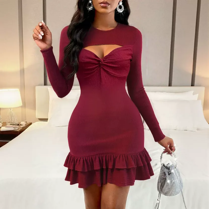 Slim Fit Long Sleeve Dress Ruffled Hem Hollow Out Design Elegant Style Perfect for Parties and S