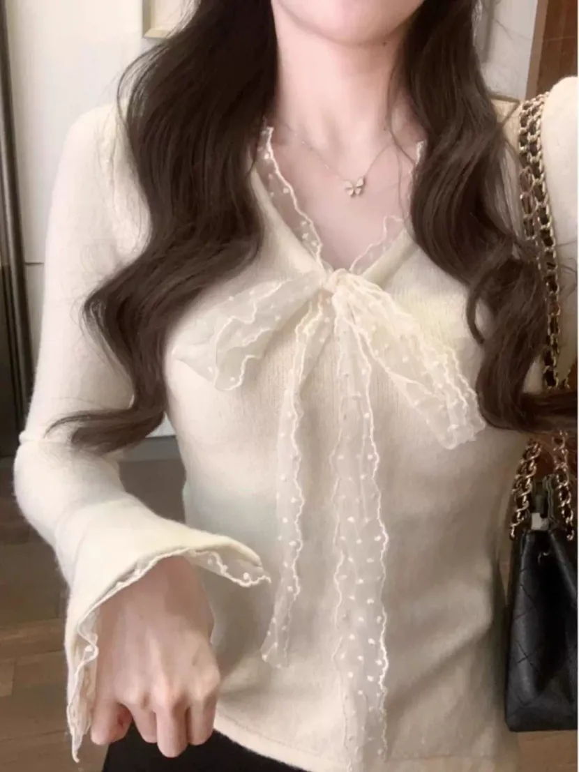 Apricot Lace Bow V Neck Long Sleeve T Shirt for Women Soft Fabric Irregular Hem Spring Layering Top